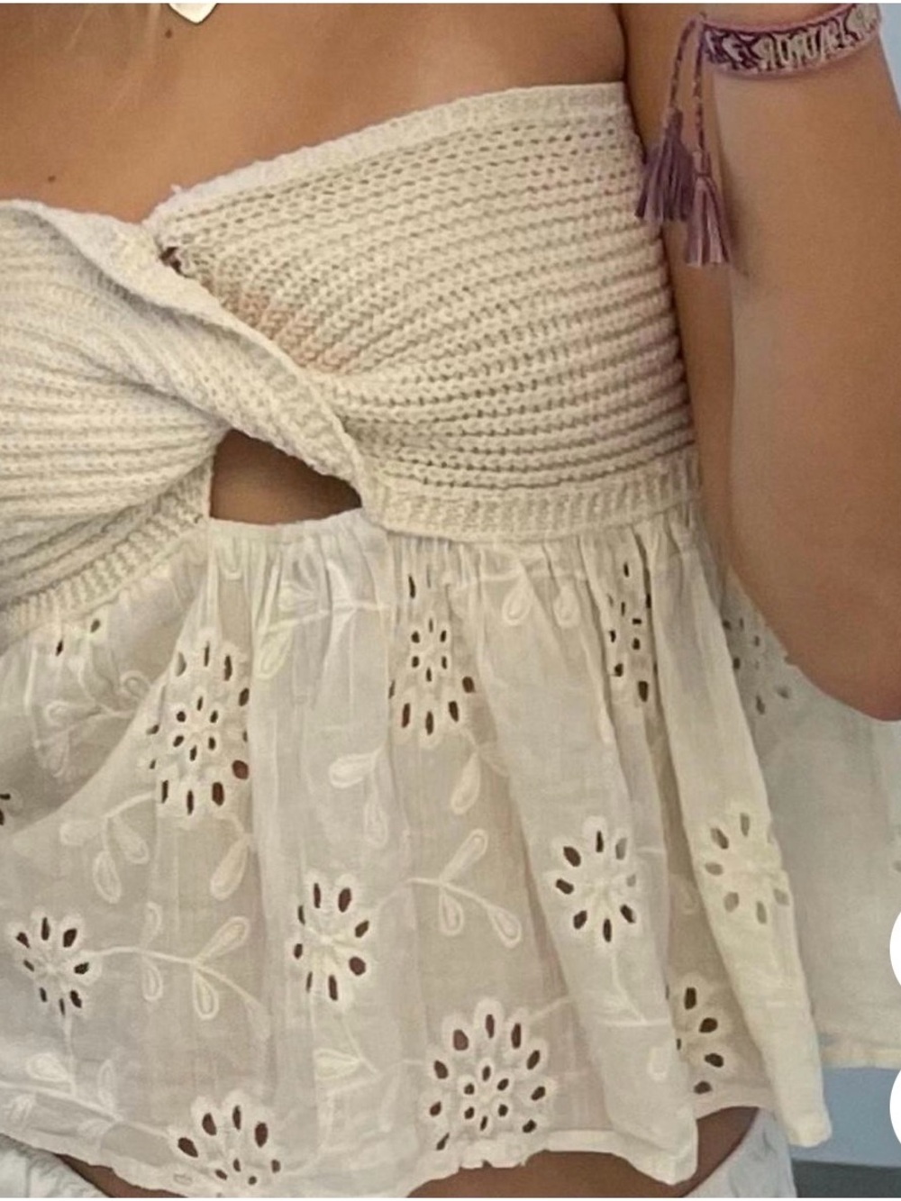 Cream Crochet Smocked Eyelet Crop Top